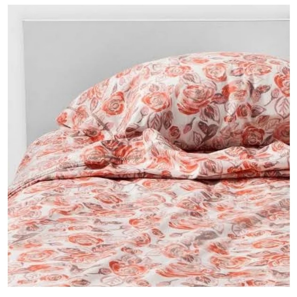 Cotton Percale Print Sheet Set, Coral Rose, TXL